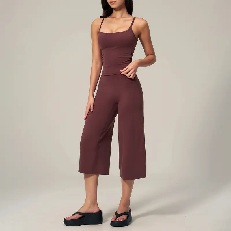 TIMEOFF Women's 2‑Piece Adjustable Strap Workout Set - V‑Shape Back Cami & High Waist Cropped Wide Leg Capris, Stretchy Breathable Fabric, 5 Colors | Waist Shaping, Tummy Control, Non‑Restrictive Fit | Ideal for Yoga, Casual Wear & Daily Loungewear