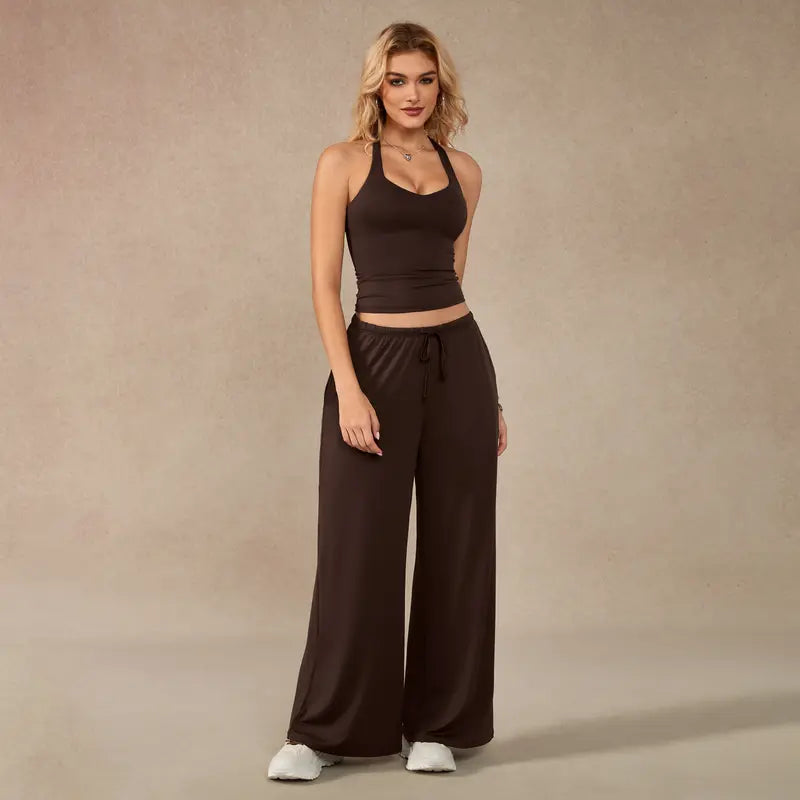 TIMEOFF Women's 2-Piece Sleeveless Activewear Set - Racerback Crop Tank & Wide-Leg Slim-Fitting Pants, Stretchy Fabric, Supportive Fit for Training & Outfits, Stylish Women's Clothes, 2 Piece Sets, Gym Workout Sets