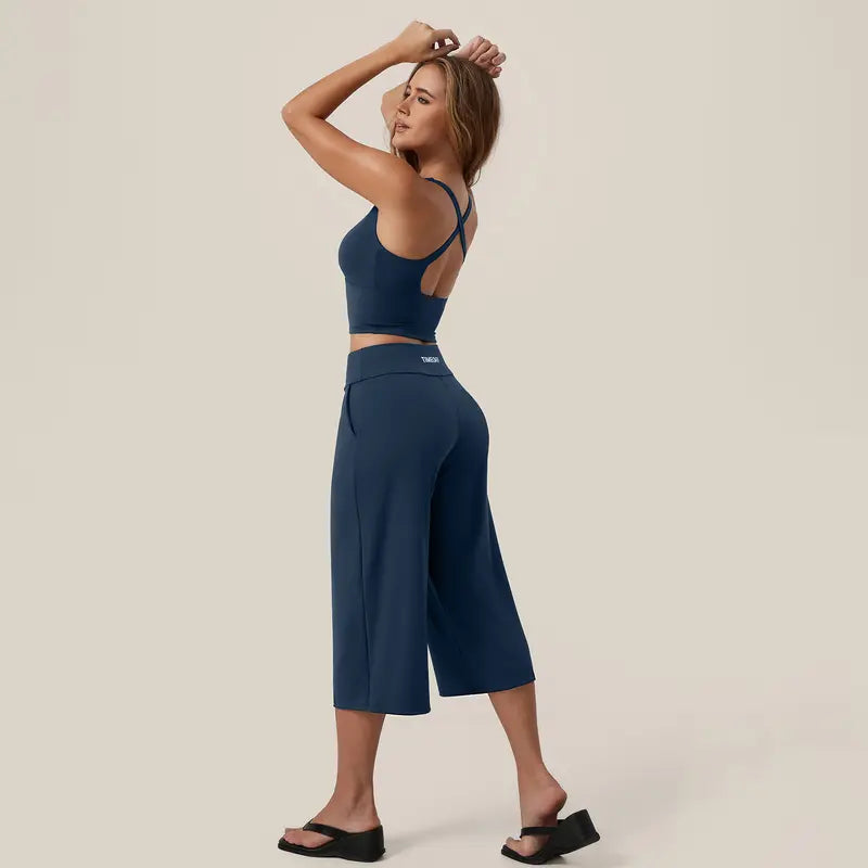 TIMEOFF Women's 2 Piece Active Outfit, Crisscross Back V-Neck Crop Sports Bra & High Waist Pocket Culottes, Soft Stretchy Fabric, Convenient Storage for Yoga, Workout & Daily Casual Streetwear summerwins