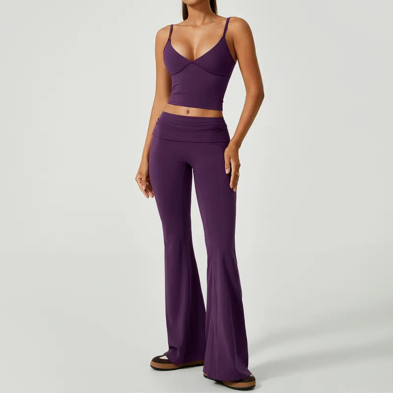 TIMEOFF Women's 2-Piece Athletic Sportswear Matching Set - Deep V Crop Cami & Flared Pants, Adjustable Minimalist Fabric, Buttock Lifting Sculpting, Back Hollow-Out, Athleisure Breathable Clothes for Yoga & Workout Daily Wear, 2 Piece Sets, Workout Sets F