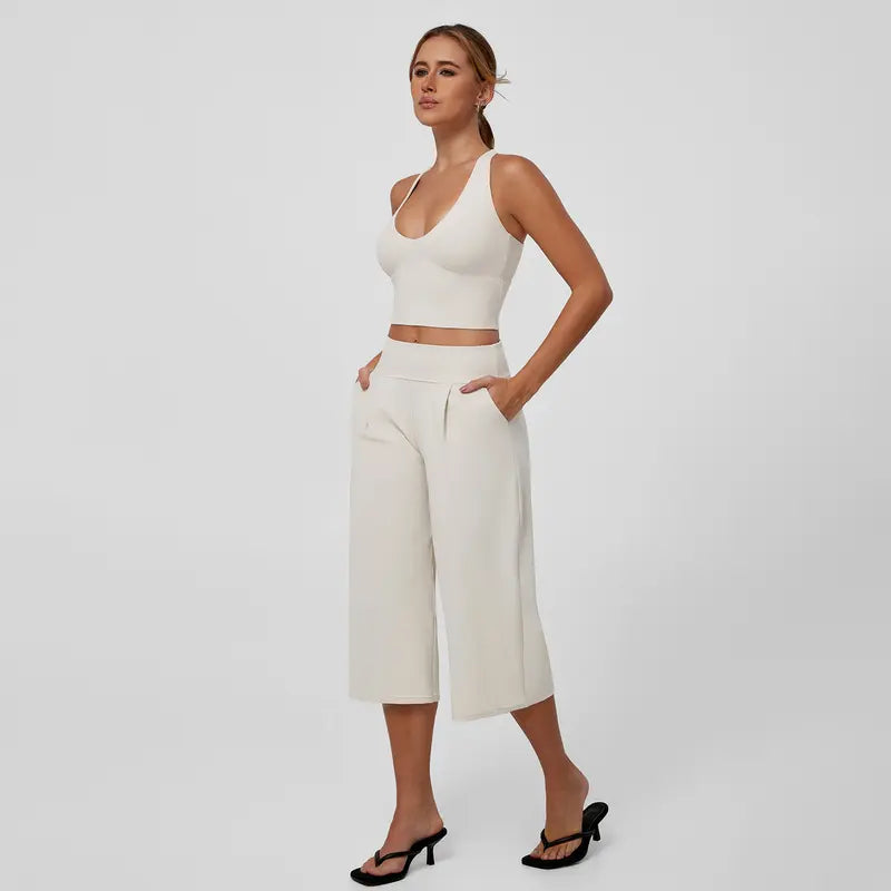 TIMEOFF Women's 2 Piece Active Outfit, Crisscross Back V-Neck Crop Sports Bra & High Waist Pocket Culottes, Soft Stretchy Fabric, Convenient Storage for Yoga, Workout & Daily Casual Streetwear summerwins