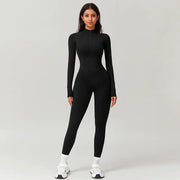 TIMEOFF Women's Long-Sleeve Fleece-Lined Mock-Neck Zip-Up Jumpsuit, Stretchy Body-Sculpting Workout Gym Clothing for Winter Yoga