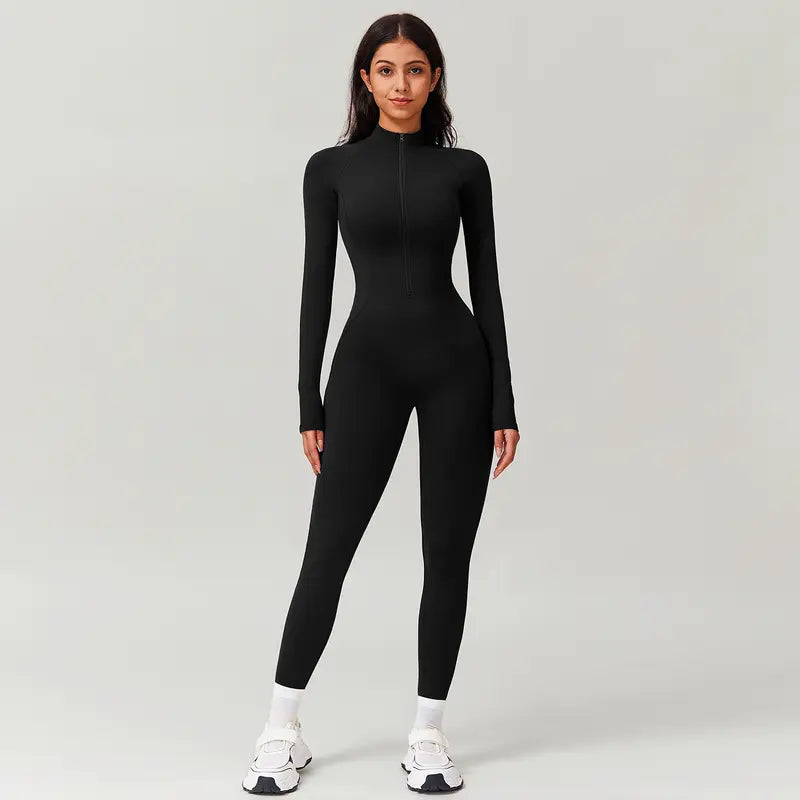 TIMEOFF Women's Long-Sleeve Fleece-Lined Mock-Neck Zip-Up Jumpsuit, Stretchy Body-Sculpting Workout Gym Clothing for Winter Yoga