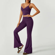 TIMEOFF Women's 2-Piece Athletic Sportswear Matching Set - Deep V Crop Cami & Flared Pants, Adjustable Minimalist Fabric, Buttock Lifting Sculpting, Back Hollow-Out, Athleisure Breathable Clothes for Yoga & Workout Daily Wear, 2 Piece Sets, Workout Sets F