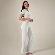 TimeOFF Women's 2-Piece Short Sleeve Workout Set - Fitted Crop Top & High Waist Wide Leg Pants, 4-Way Stretch Soft Fabric, Butt-Lifting Sculpt Seam, Tummy Control, Non-Ride Up, Breathable, Ideal for Yoga, Gym, Women's Clothes, 2 Piece Sets