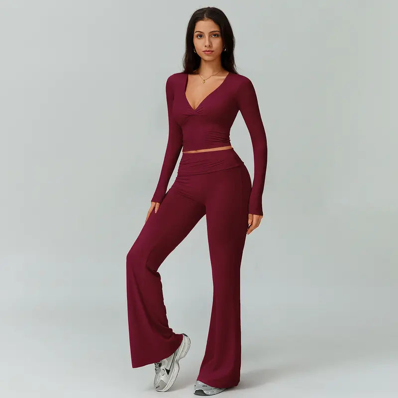 TIMEOFF Women's 2-Piece High Stretch Sporty Activewear Set - Long Sleeve Plunging V-Neck Top, Flipped Waist High-Waist Flared Leggings - Gymswear, Fitness Sport Outfits, Athleisure Wear Set for Yoga, Running, 2 Piece Sets, Workout Sets For Women