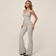 TIMEOFF Women's 2-Piece Yoga Outfits - V-Neck Sleeveless Wrap Crop Workout Top & Fold-Over Dual-Wear Waist Flare Pants, Soft 4-Way Flexible Stretch Fabric, Adjustable Fit Women's Clothes for Pilates, Gym, Set Active