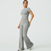 TIMEOFF Women's 2-Piece Matching Sets for Women - Short-Sleeve Crop Top & High-Waist Flared Leggings Sweat Suit, Waist-Cinching, Body-Shaping, Leg Line-Trimming, Flexible Fit for Yoga, Gym