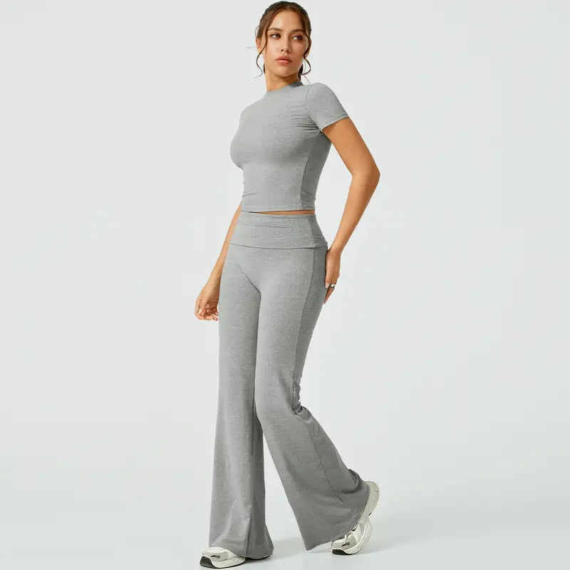 TIMEOFF Women's 2-Piece Matching Sets for Women - Short-Sleeve Crop Top & High-Waist Flared Leggings Sweat Suit, Waist-Cinching, Body-Shaping, Leg Line-Trimming, Flexible Fit for Yoga, Gym