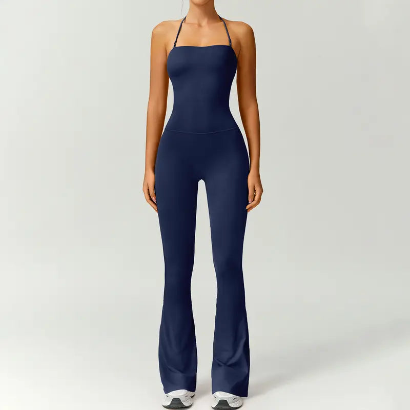 TIMEOFF Women's Halter Neck High Waist Butt Lifting Bodycon Flared Leg Yoga Jumpsuit - Stretchable Solid Color Athleisure Activewear, Trending Clothes for Women for Gym & Fashion Outfits (Athleisure Style, Solid Color Jumpsuit),summerwins