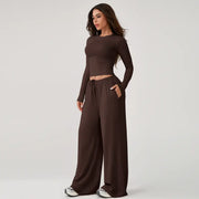 TIMEOFF Women's 2-Piece Stretch Sweatsuit, Solid Cute Clothes Set with Long Sleeve Crop Top and Wide-Leg Pants for Yoga, Sweats