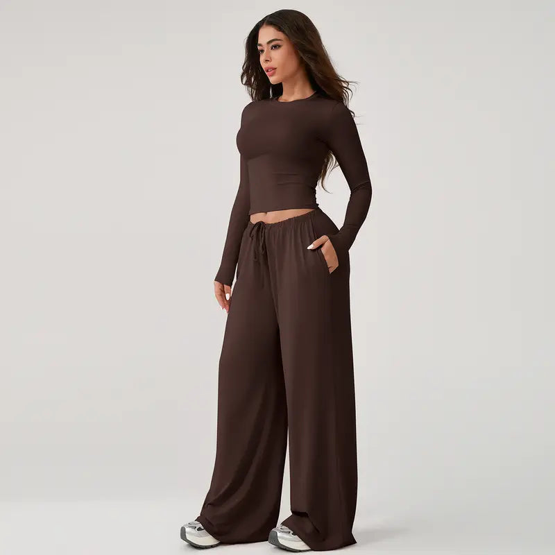 TIMEOFF Women's 2-Piece Stretch Sweatsuit, Solid Cute Clothes Set with Long Sleeve Crop Top and Wide-Leg Pants for Yoga, Sweats
