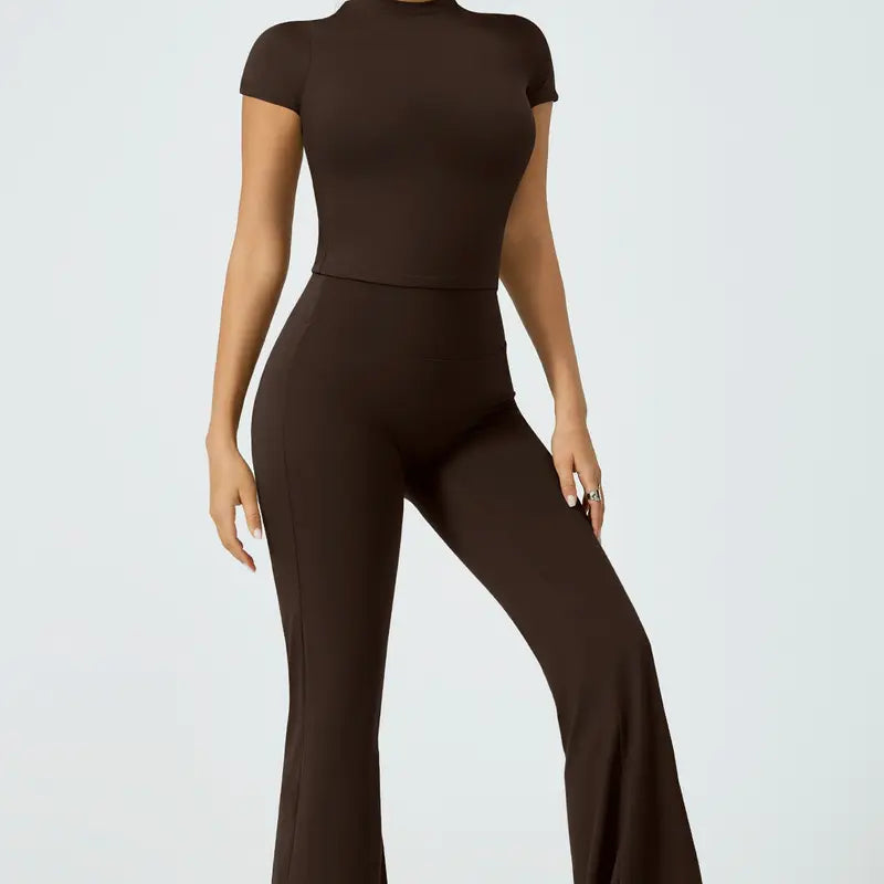 TIMEOFF Women's 2-Piece Matching Sets for Women - Short-Sleeve Crop Top & High-Waist Flared Leggings Sweat Suit, Waist-Cinching, Body-Shaping, Leg Line-Trimming, Flexible Fit for Yoga, Gym
