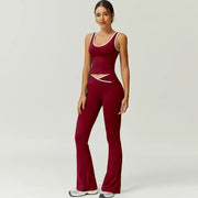 TimeOFF Two-Piece Color Block U-Neck Piped Tank & Bell Bottom Set, Deep V-Back Cutout, Contrast Binding Detail, Solves Trendy & Sculpting Need for Gym, Dance & Chic Casual Occasions,loungesetwomen,sweatsuits women,comfort sweat set,summerwins