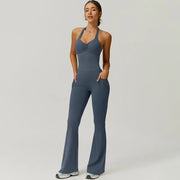 TimeOFF Women's Halter Neck Jumpsuit , Folded Chest, Flared Legs, Butt-Lifting Design , Yoga, Gym & Outdoor Activewear Fitness Outfits Workout Apparel, Solid Color Jumpsuit, Sportswear Jumpsuits