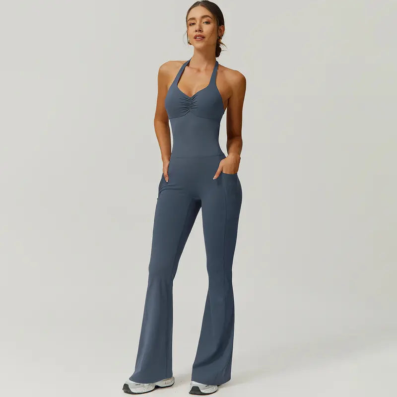 TimeOFF Women's Halter Neck Jumpsuit , Folded Chest, Flared Legs, Butt-Lifting Design , Yoga, Gym & Outdoor Activewear Fitness Outfits Workout Apparel, Solid Color Jumpsuit, Sportswear Jumpsuits