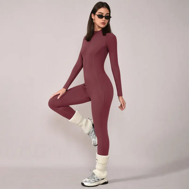 TIMEOFF Women's Long-Sleeve Fleece-Lined Mock-Neck Zip-Up Jumpsuit, Stretchy Body-Sculpting Workout Gym Clothing for Winter Yoga