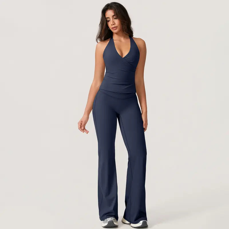 TimeOFFWomen's 2-Piece Activewear Set Deep V-Neck Open-Back Design Stretchy Fabric for Flattering Fit Comfort in Yoga Workouts & Casual Outings Athletic Fashion Fitness Clothes, 2 Piece Sets, Women's 2 Piece Set