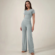 TimeOFF Women's 2-Piece Short Sleeve Workout Set - Fitted Crop Top & High Waist Wide Leg Pants, 4-Way Stretch Soft Fabric, Butt-Lifting Sculpt Seam, Tummy Control, Non-Ride Up, Breathable, Ideal for Yoga, Gym, Women's Clothes, 2 Piece Sets