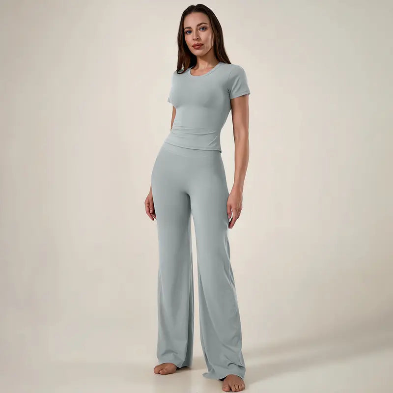TimeOFF Women's 2-Piece Short Sleeve Workout Set - Fitted Crop Top & High Waist Wide Leg Pants, 4-Way Stretch Soft Fabric, Butt-Lifting Sculpt Seam, Tummy Control, Non-Ride Up, Breathable, Ideal for Yoga, Gym, Women's Clothes, 2 Piece Sets