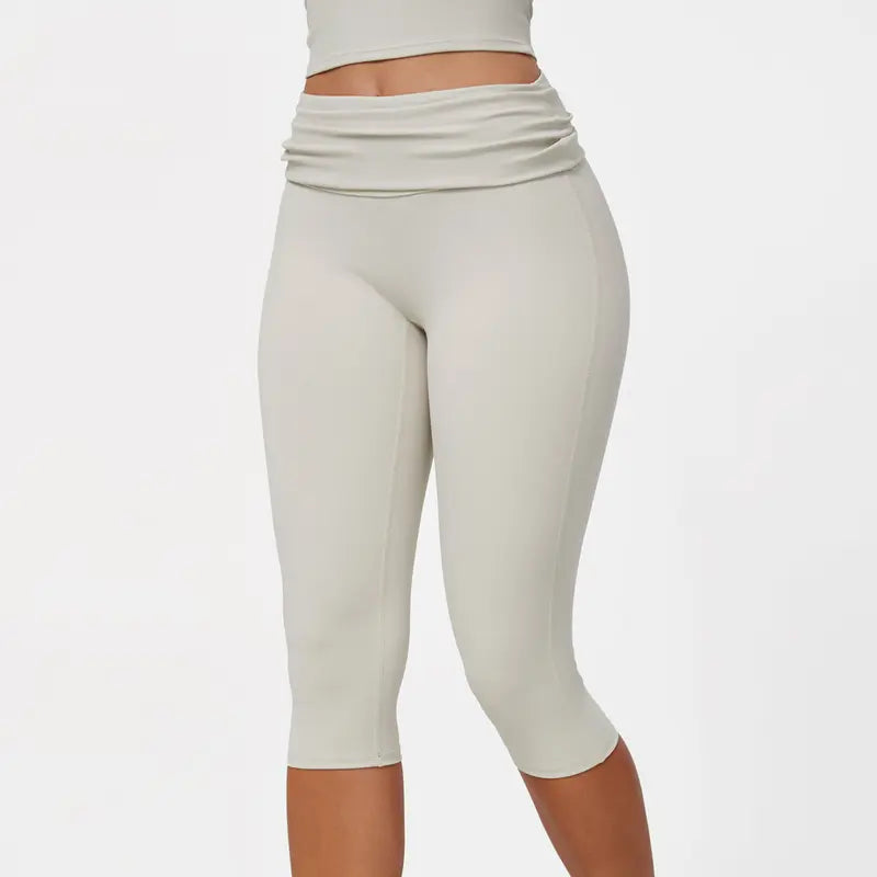 TIMEOFF Women's Fold‑Over Waist Knee‑Length Leggings - Two‑Way Wearable, Butt‑Lifting Design, Stretchy Breathable Fabric | Tummy Control, Non‑Slip, No Ride‑Up | Ideal for Yoga, Gym, Running & Casual Wear