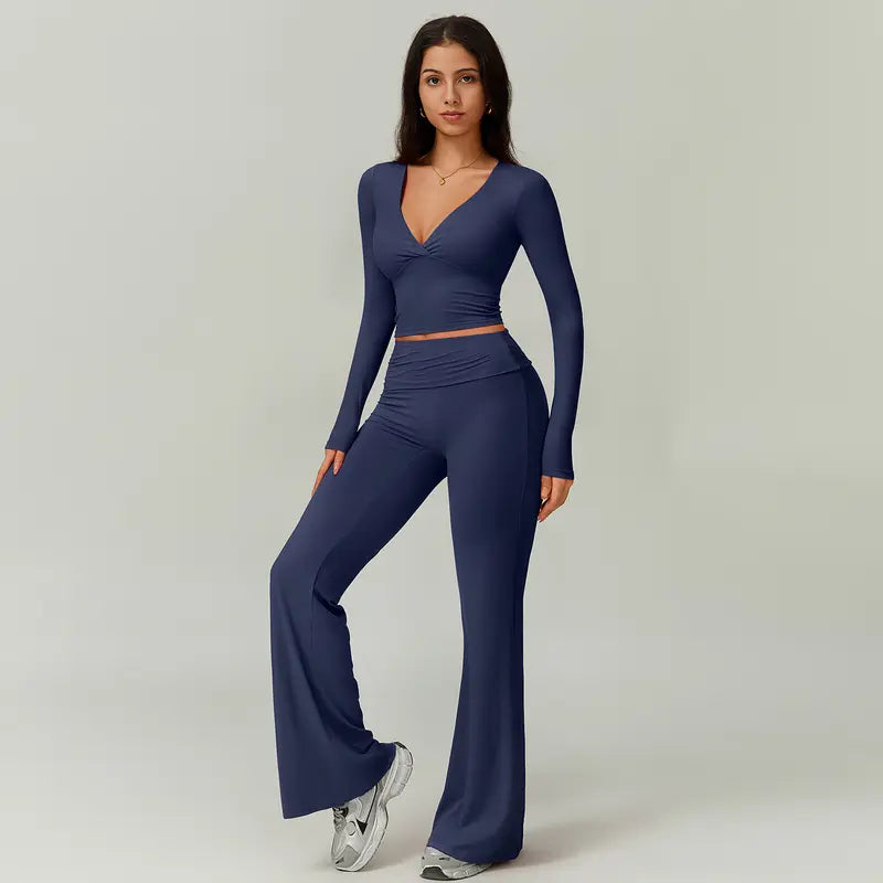 TIMEOFF Women's 2-Piece High Stretch Sporty Activewear Set - Long Sleeve Plunging V-Neck Top, Flipped Waist High-Waist Flared Leggings - Gymswear, Fitness Sport Outfits, Athleisure Wear Set for Yoga, Running, 2 Piece Sets, Workout Sets For Women