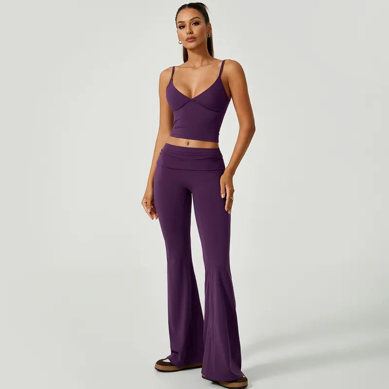 TIMEOFF Women's 2-Piece Athletic Sportswear Matching Set - Deep V Crop Cami & Flared Pants, Adjustable Minimalist Fabric, Buttock Lifting Sculpting, Back Hollow-Out, Athleisure Breathable Clothes for Yoga & Workout Daily Wear, 2 Piece Sets, Workout Sets F