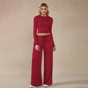 TIMEOFF Women's 2-Piece Stretchy Activewear Set - Long-Sleeve Crop Top & Wide-Leg Pants, Gym Outfit, Athletic Wear, Fitness Sport Outfits, Workout Sets for Women, Two Piece Set