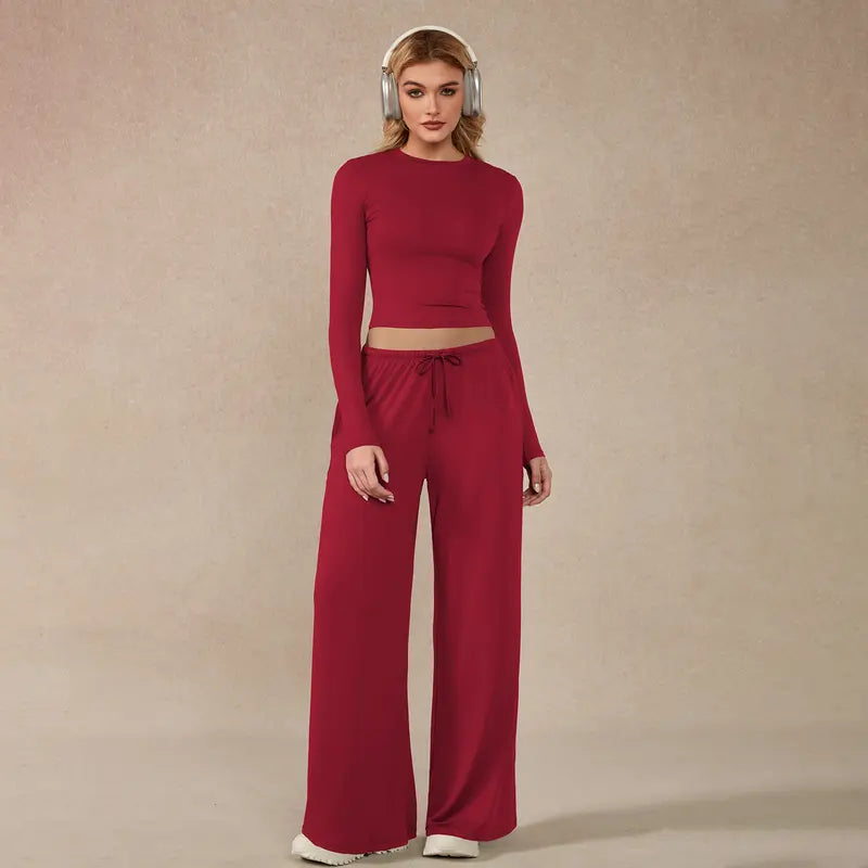 TIMEOFF Women's 2-Piece Stretch Sweatsuit, Solid Cute Clothes Set with Long Sleeve Crop Top and Wide-Leg Pants for Yoga, Sweats
