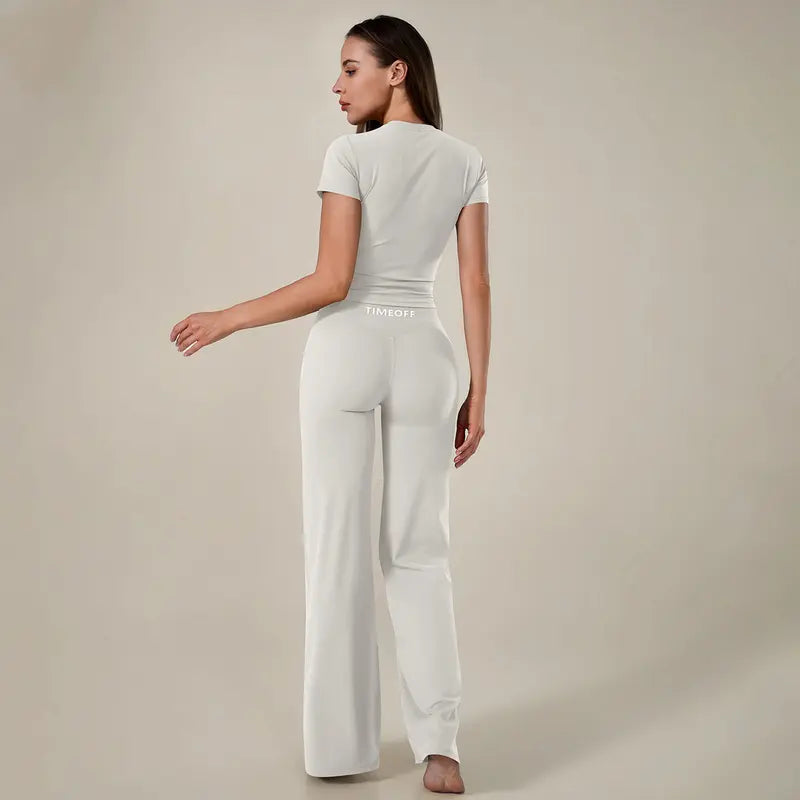 TimeOFF Women's 2-Piece Short Sleeve Workout Set - Fitted Crop Top & High Waist Wide Leg Pants, 4-Way Stretch Soft Fabric, Butt-Lifting Sculpt Seam, Tummy Control, Non-Ride Up, Breathable, Ideal for Yoga, Gym, Women's Clothes, 2 Piece Sets