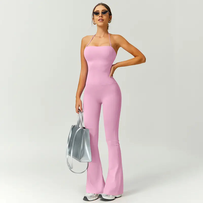 TIMEOFF Women's Halter Neck High Waist Butt Lifting Bodycon Flared Leg Yoga Jumpsuit - Stretchable Solid Color Athleisure Activewear, Trending Clothes for Women for Gym & Fashion Outfits (Athleisure Style, Solid Color Jumpsuit),summerwins