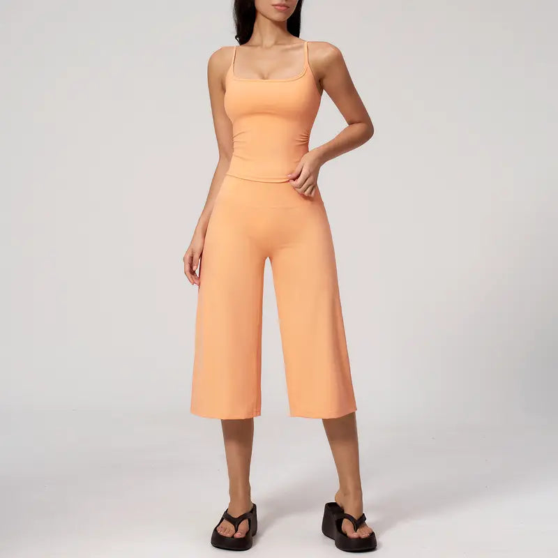TIMEOFF Women's 2‑Piece Adjustable Strap Workout Set - V‑Shape Back Cami & High Waist Cropped Wide Leg Capris, Stretchy Breathable Fabric, 5 Colors | Waist Shaping, Tummy Control, Non‑Restrictive Fit | Ideal for Yoga, Casual Wear & Daily Loungewear