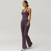 TimeOFF Women's Halter Neck Jumpsuit , Folded Chest, Flared Legs, Butt-Lifting Design , Yoga, Gym & Outdoor Activewear Fitness Outfits Workout Apparel, Solid Color Jumpsuit, Sportswear Jumpsuits