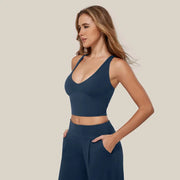TIMEOFF Women's 2 Piece Active Outfit, Crisscross Back V-Neck Crop Sports Bra & High Waist Pocket Culottes, Soft Stretchy Fabric, Convenient Storage for Yoga, Workout & Daily Casual Streetwear summerwins