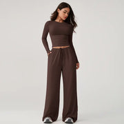 TIMEOFF Women's 2-Piece Stretch Sweatsuit, Solid Cute Clothes Set with Long Sleeve Crop Top and Wide-Leg Pants for Yoga, Sweats