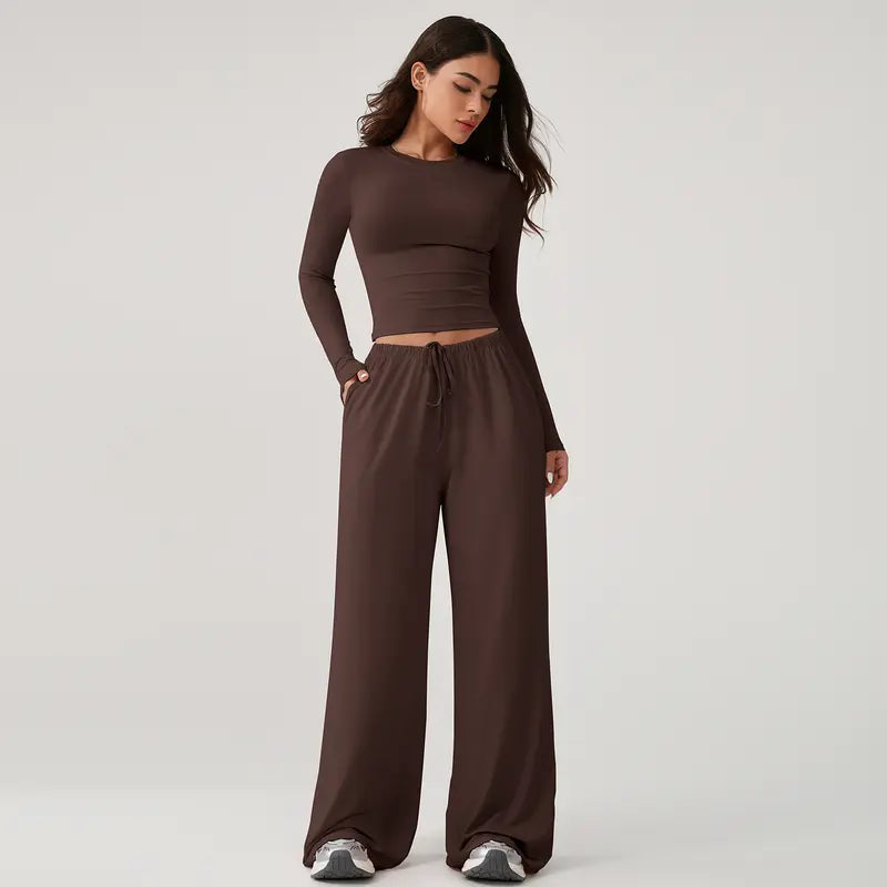 TIMEOFF Women's 2-Piece Stretch Sweatsuit, Solid Cute Clothes Set with Long Sleeve Crop Top and Wide-Leg Pants for Yoga, Sweats