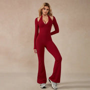TimeOFF Women's Long-Sleeve Lace-Trim Halter Jumpsuit, Deep V-Neck & Flared Pant Hem, Solves Stylish Support & Flexible Fit Need for Yoga, Dance Workouts & Fashion-Forward Fitness Sessions,jumpsuit women jumpsuit for women