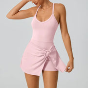 TIMEOFF Women's 2-Piece Solid Color Cross-Back Tank Romper & Sports Skirt Set - High-Stretch Spandex, Cheerleader Style Lace-Up, Gym Yoga Workout Attire, Women's Fashion Clothes, Workout Sets
