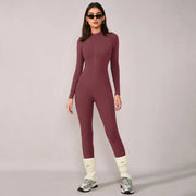 TIMEOFF Women's Long-Sleeve Fleece-Lined Mock-Neck Zip-Up Jumpsuit, Stretchy Body-Sculpting Workout Gym Clothing for Winter Yoga