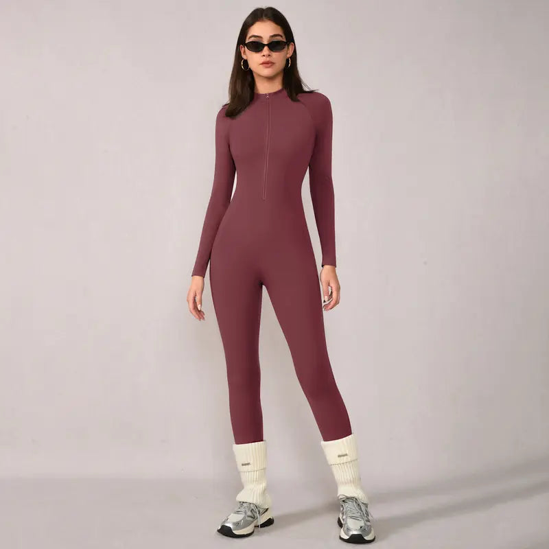 TIMEOFF Women's Long-Sleeve Fleece-Lined Mock-Neck Zip-Up Jumpsuit, Stretchy Body-Sculpting Workout Gym Clothing for Winter Yoga