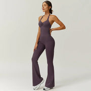 TimeOFF Women's Halter Neck Jumpsuit , Folded Chest, Flared Legs, Butt-Lifting Design , Yoga, Gym & Outdoor Activewear Fitness Outfits Workout Apparel, Solid Color Jumpsuit, Sportswear Jumpsuits