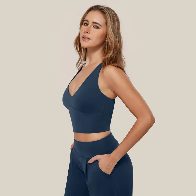 TIMEOFF Women's 2 Piece Active Outfit, Crisscross Back V-Neck Crop Sports Bra & High Waist Pocket Culottes, Soft Stretchy Fabric, Convenient Storage for Yoga, Workout & Daily Casual Streetwear summerwins