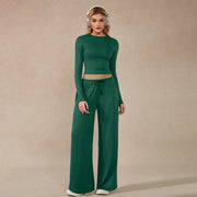 TIMEOFF Women's 2-Piece Stretch Sweatsuit, Solid Cute Clothes Set with Long Sleeve Crop Top and Wide-Leg Pants for Yoga, Sweats