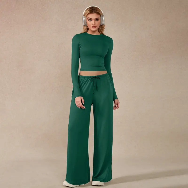 TIMEOFF Women's 2-Piece Stretch Sweatsuit, Solid Cute Clothes Set with Long Sleeve Crop Top and Wide-Leg Pants for Yoga, Sweats