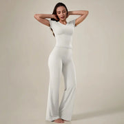 TimeOFF Women's 2-Piece Short Sleeve Workout Set - Fitted Crop Top & High Waist Wide Leg Pants, 4-Way Stretch Soft Fabric, Butt-Lifting Sculpt Seam, Tummy Control, Non-Ride Up, Breathable, Ideal for Yoga, Gym, Women's Clothes, 2 Piece Sets