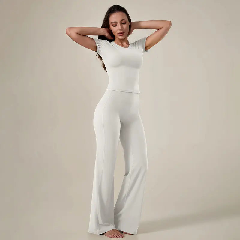 TimeOFF Women's 2-Piece Short Sleeve Workout Set - Fitted Crop Top & High Waist Wide Leg Pants, 4-Way Stretch Soft Fabric, Butt-Lifting Sculpt Seam, Tummy Control, Non-Ride Up, Breathable, Ideal for Yoga, Gym, Women's Clothes, 2 Piece Sets