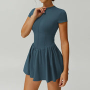 TIMEOFF Women's Short Sleeve Zip-Up Mock Neck Athletic Romper with Flared Skirt - Sporty Chic Dress, Athleisure Tennis Attire, Women's Clothing for Summer Fitness,summerwins