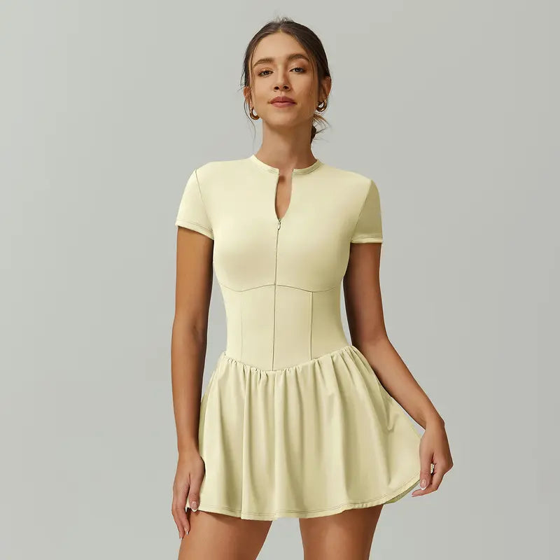 TIMEOFF Women's Short Sleeve Zip-Up Mock Neck Athletic Romper with Flared Skirt - Sporty Chic Dress, Athleisure Tennis Attire, Women's Clothing for Summer Fitness,summerwins