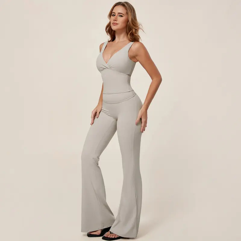 TIMEOFF Women's 2-Piece Yoga Outfits - V-Neck Sleeveless Wrap Crop Workout Top & Fold-Over Dual-Wear Waist Flare Pants, Soft 4-Way Flexible Stretch Fabric, Adjustable Fit Women's Clothes for Pilates, Gym, Set Active