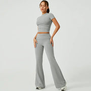 TIMEOFF Women's 2-Piece Matching Sets for Women - Short-Sleeve Crop Top & High-Waist Flared Leggings Sweat Suit, Waist-Cinching, Body-Shaping, Leg Line-Trimming, Flexible Fit for Yoga, Gym